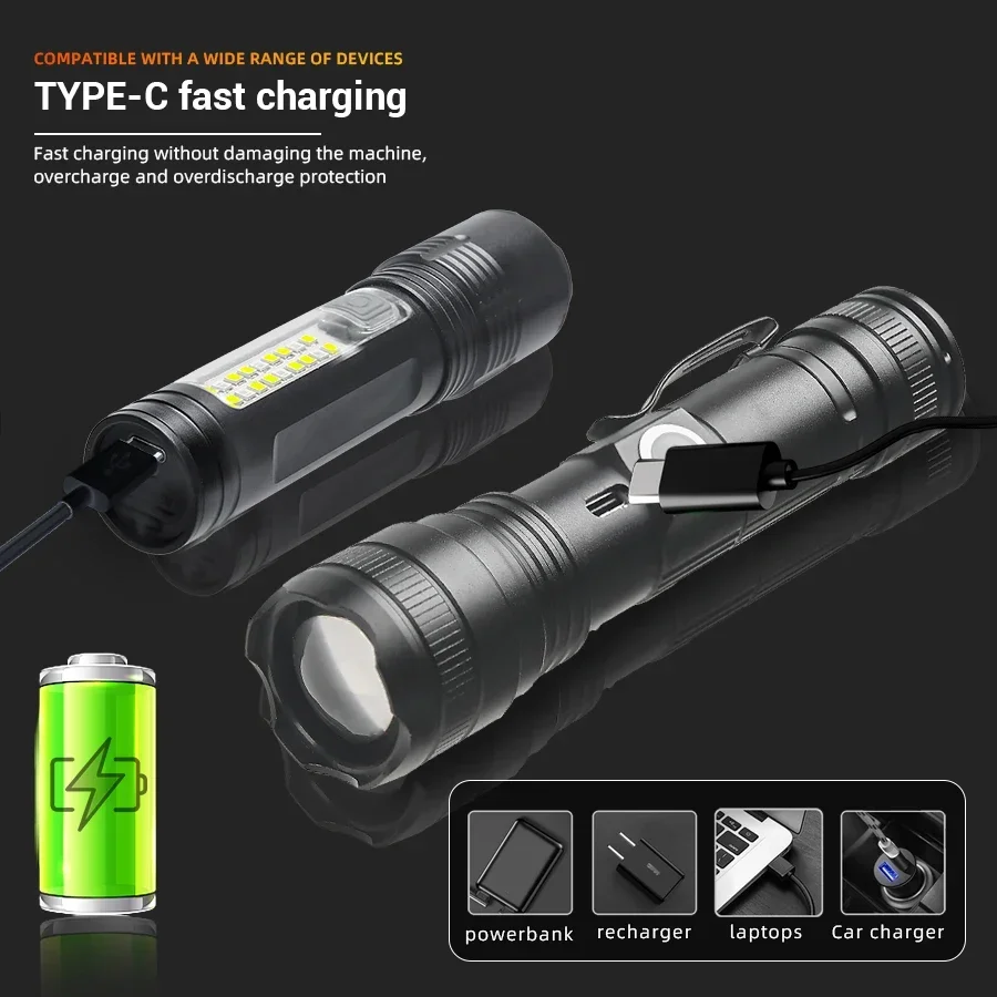 Portable Rechargeable LED Flashlight Super Bright Zoom Tactical Torch Spotlight Outdoor Camping Tazer Lamp with A Box as a Gift