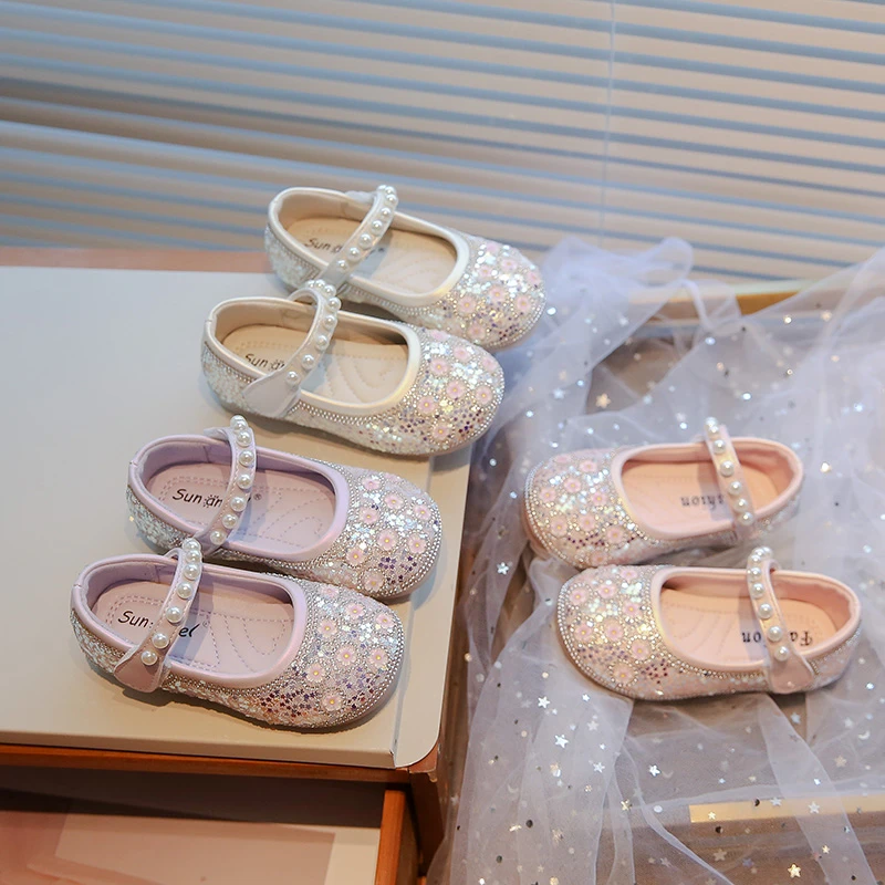 Girls Bling Crystal Princess Flats Kids Floral Party Dance Shoe Child Soft Mary Janes Baby Girls Pearl Casual Shoes