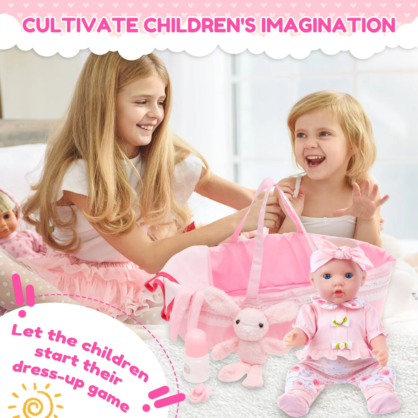 10-teiliges Puppenkleidungsset, tragbares Babypuppenzubehör mit Stubenwagen, Windel, Schnuller, Babyflasche für Kinder, Kleinkinder, Mädchen, Jungen