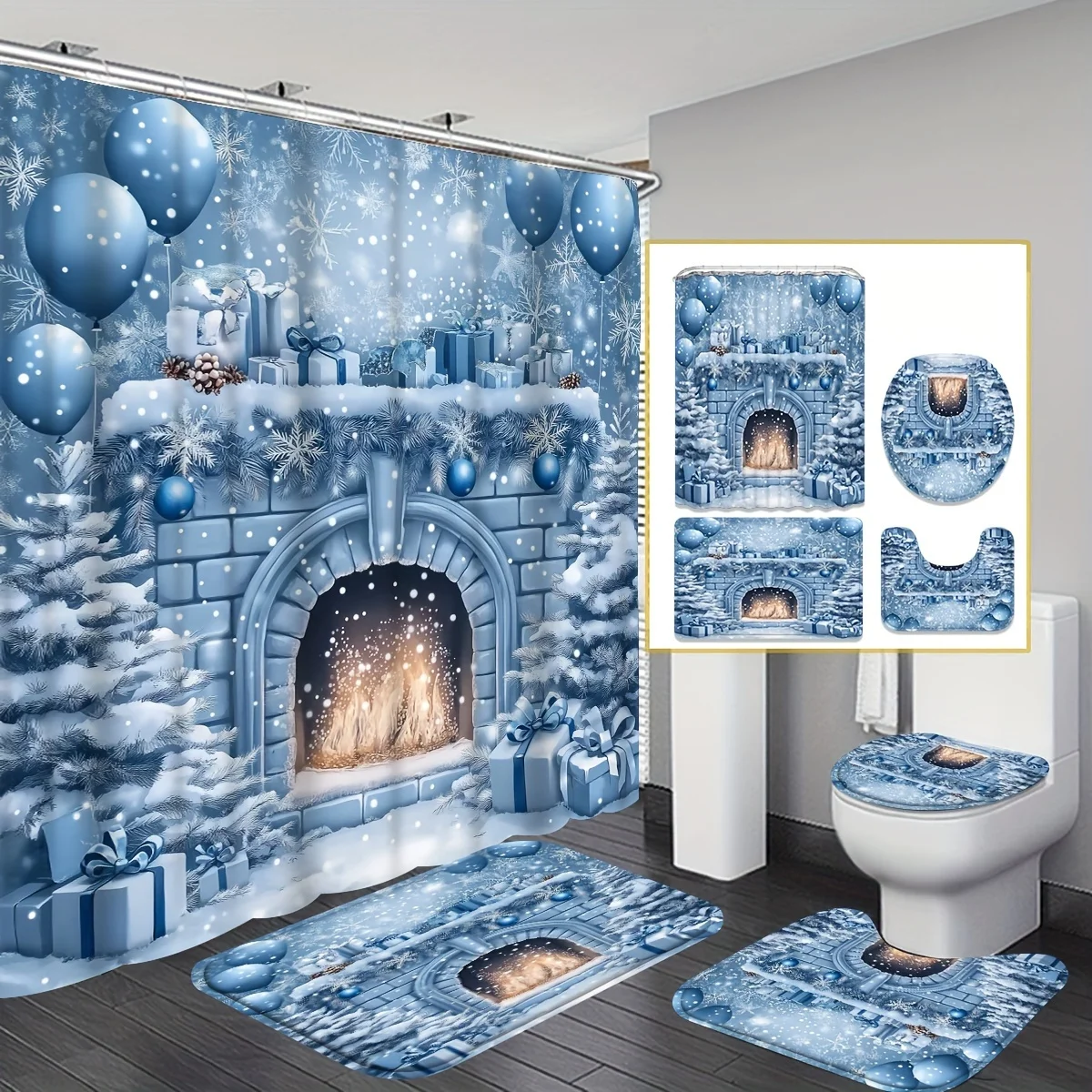 4Pcs Winter Xmas Blue Bath Set ,Fireplace Gifts Balloons,Shower Curtain,12 Hooks,Non-Slip Mat,U-Shaped Toilet Seat,Holiday Decor