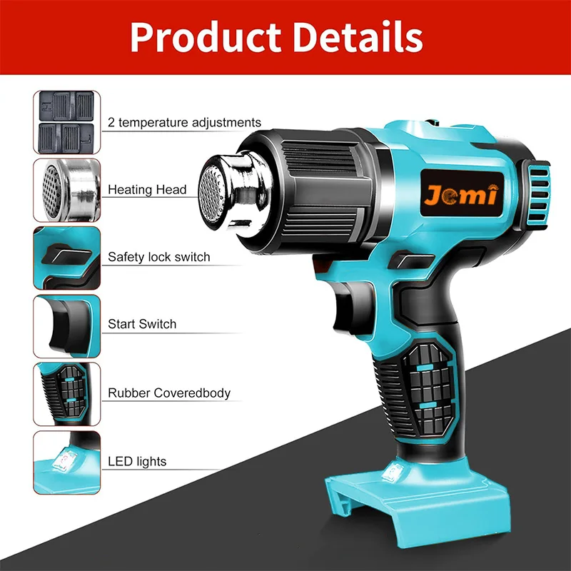 Jemi Tool Cordless Heat Gun, Portable, 3 Nozzles, 1022°F Max Adjustable Temperature for Crafts, Shrinking PVC, Paint Stripping