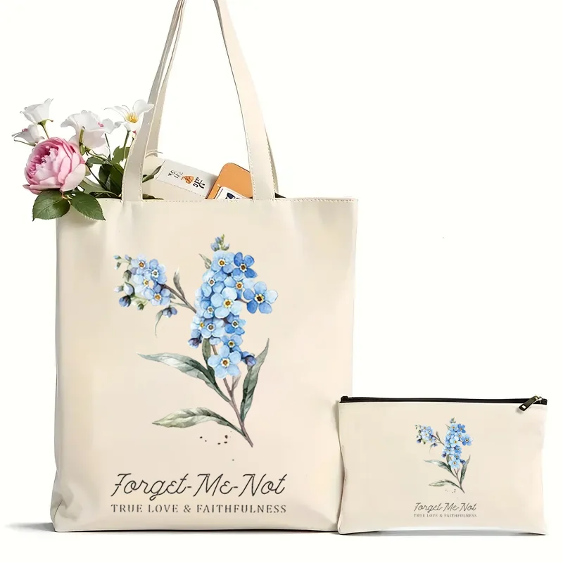 Myosotis Alpestris Canvas Tote Bag for Women Forget Me Not Handbag Aesthetics Flower Shopper Bags Female Bohemia Shoulder Bag