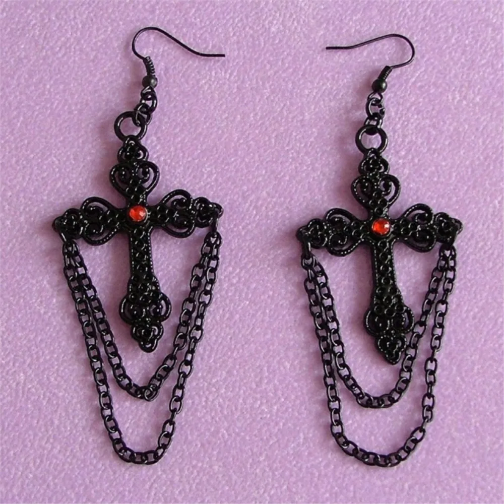 Dark Gothic Vintage Middle Ages Black Cross Earrings Drop Earrings For Men Women Goth Punk Fashion Jewelry Accessories Wholesale