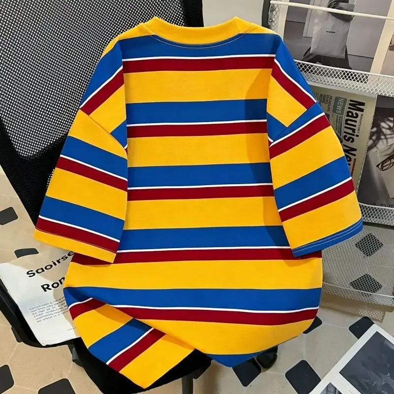 Yellow Striped TShirt Men Women Summer New Casual Loose Streetwear Couple Short Sleeve Top Oversized Heavyweight Cotton Tee