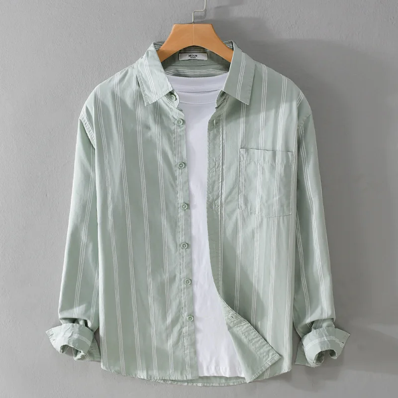 

Мужская одежда из чистого хлопка Long Sve irt, повседневная одежда с отложным воротником и полосатым узором, осенняя модная свободная повседневная одежда