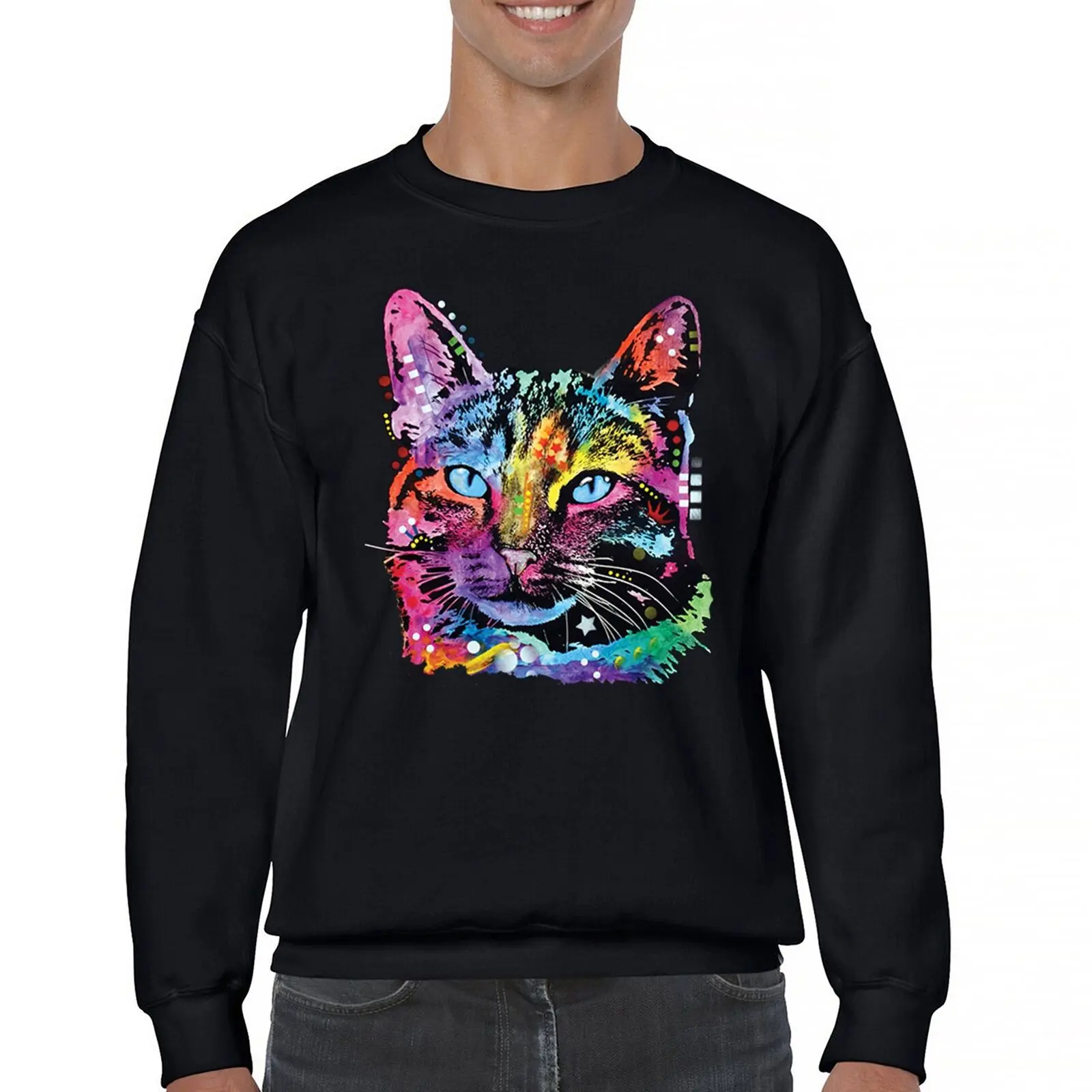 Dean Russo Thoughtful Cat Sweatshirt Colorful Pet Kitten Eyes Meow Crewneck