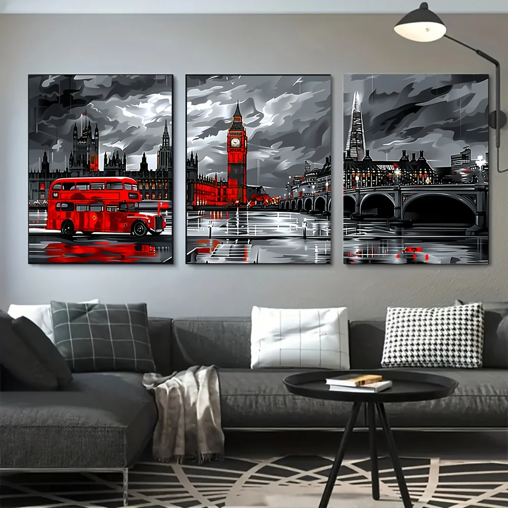 Juego de arte de pared de lienzo de ciudad vintage: decoración rectangular sin marco de 3 piezas con monumentos icónicos de Londres, autobuses rojos y Brid de torre