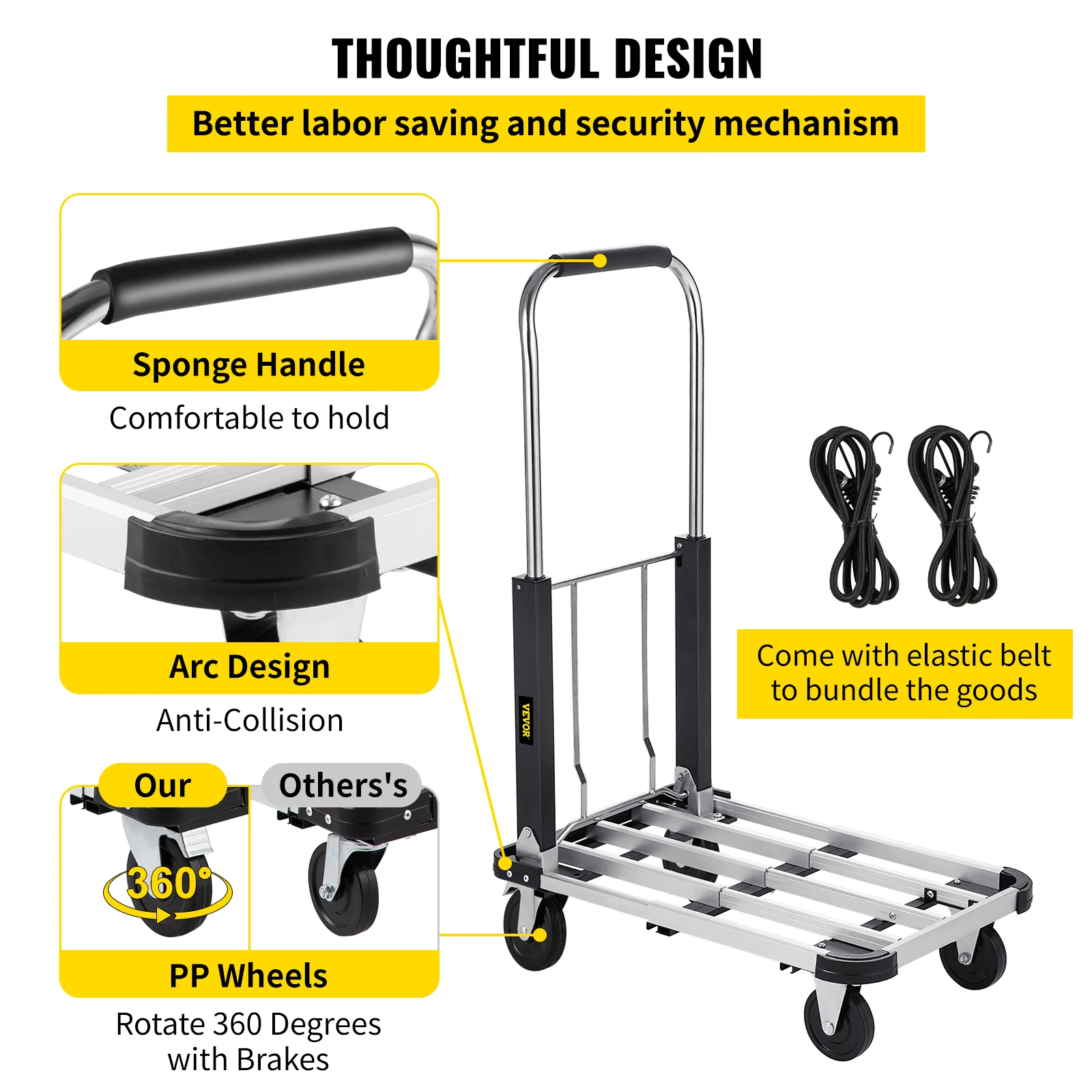 Carrello pieghevole VEVOR carrello carrello con ruote carrello portabagagli capacità 330lb costruzione solida carrello Flatform in lega di alluminio