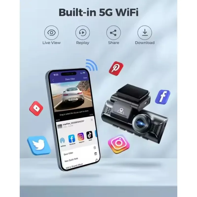 AZDOME Kotak Hitam Mobil Perekam Mengemudi Tiga Lensa Dengan Resolusi 4K+1080P+1440P Dilengkapi WIFI GPS Perekaman Trajektori
