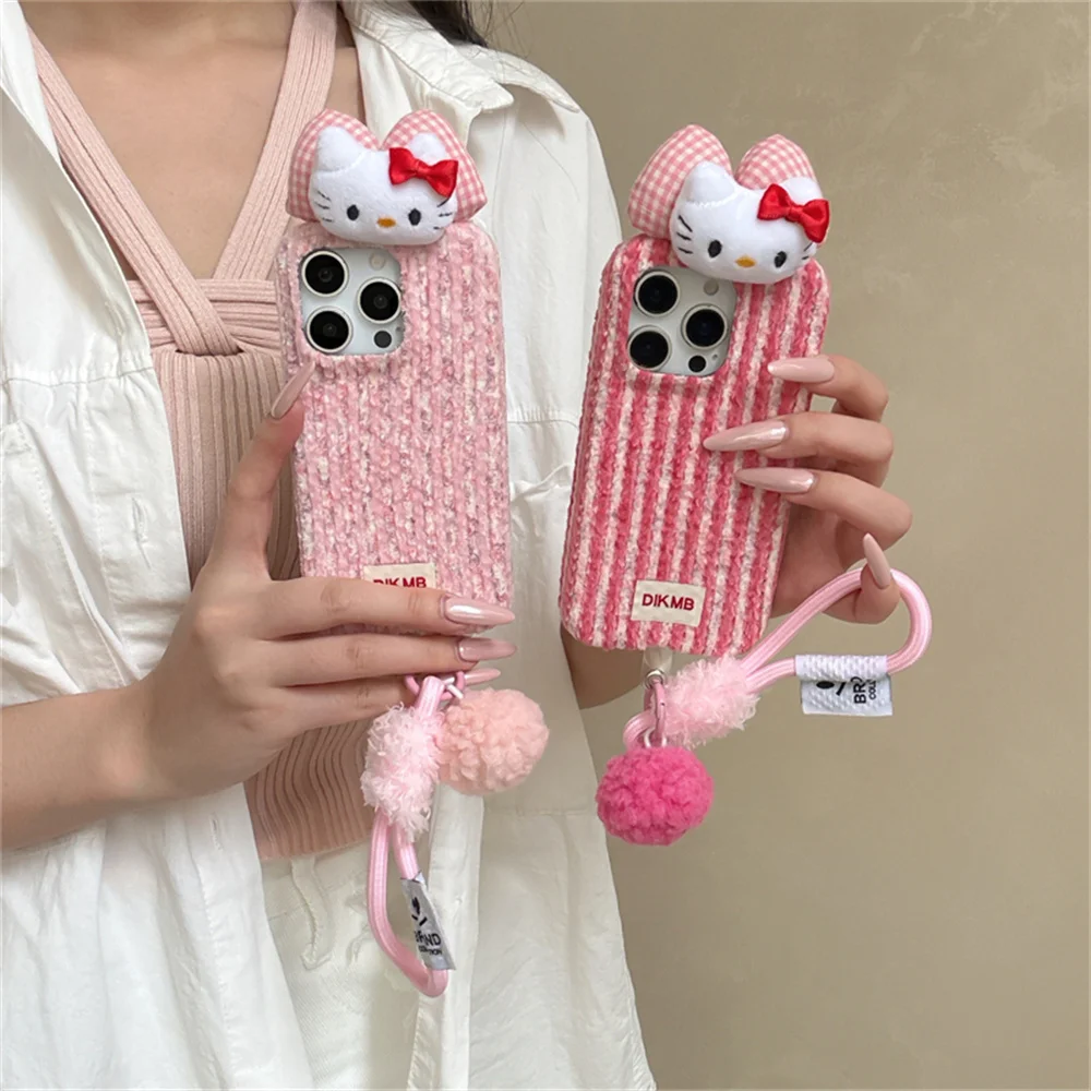 

INS fashion corduroy striped 3D Hellokitty phone case for iPhone 17 Pro Max 13 14 15 16 cover with lanyard cute protective cover