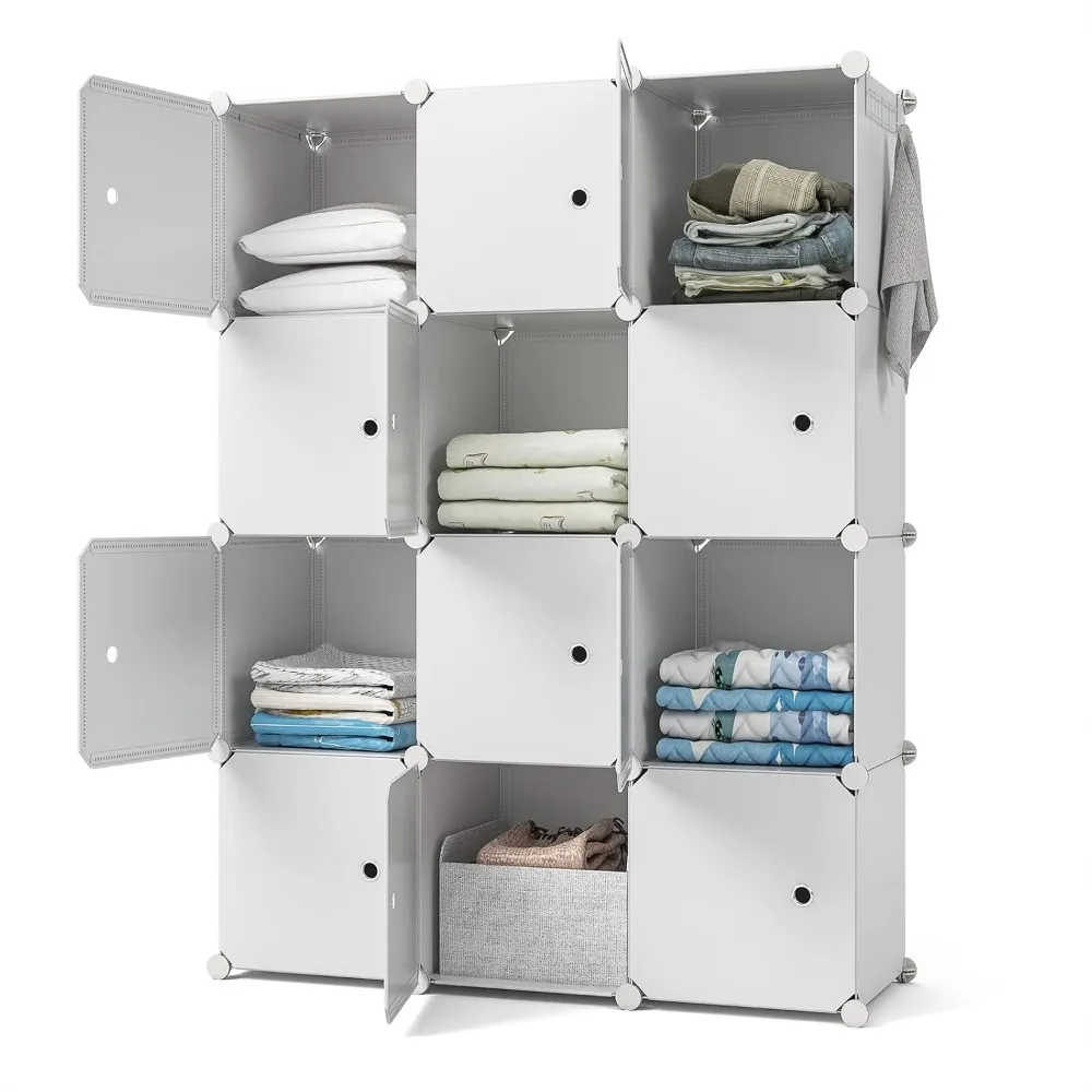 

Closet Organizer, 12-Cube Storage with Doors, Closet Organizers and Storage, Cabinet Storage for Bedroom, Wardrobe, White