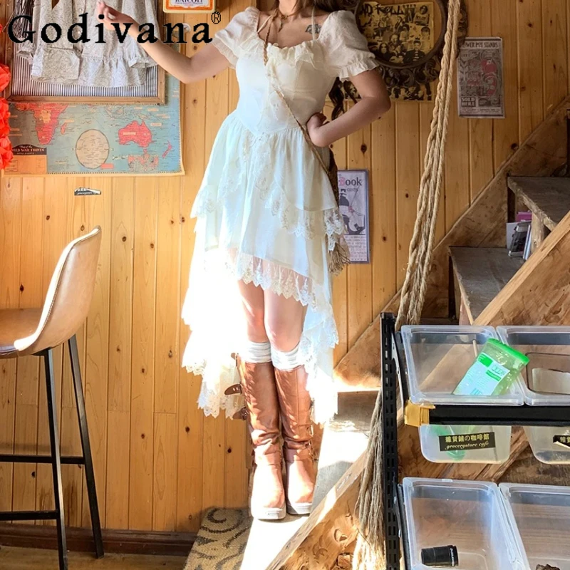 

Temperament Square Collar White Lace Irregular High Waist Fairy Dress Girl 2025 Summer New A-line Vacation Princess Long Dresses