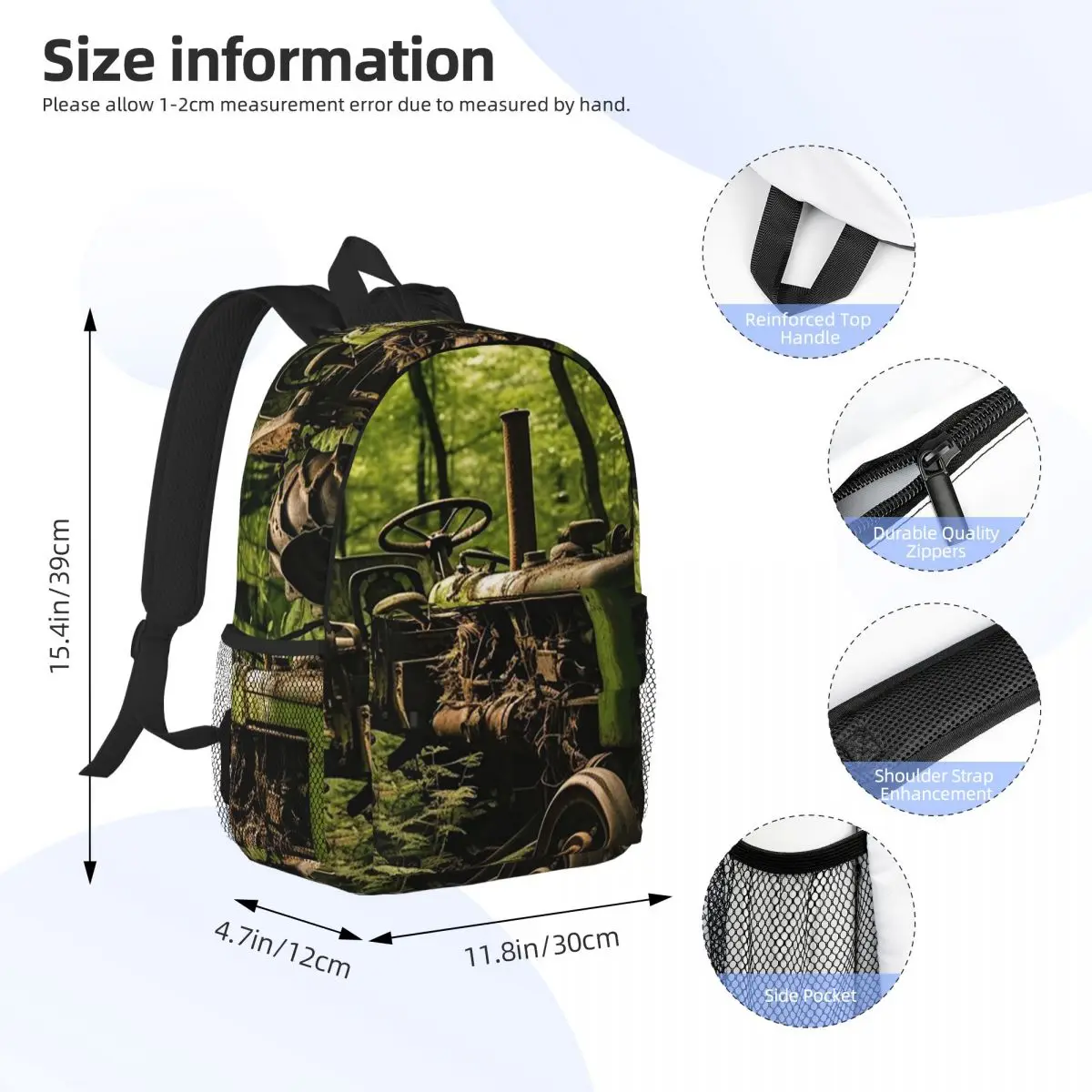 Green Tractor On A Forest Trail Backpack Daypack Large Capacity Boys Girls BookBag Shoulder Bags for Men Women Kids School Bag