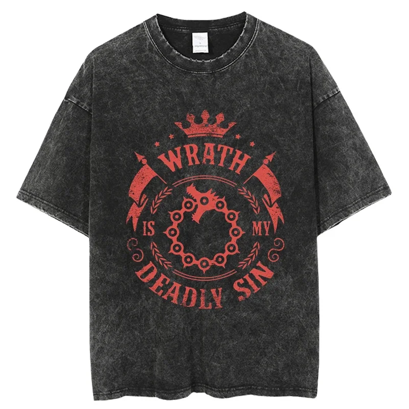 

The Seven Deadly Sins Wrath Is My Deadly Sin Vintage Acid Wash Oversized Black T Shirt 2026 Summer Streetwear Anime Graphic Tee