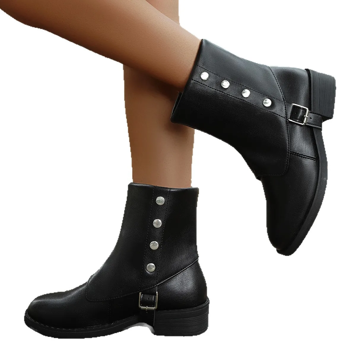 Women's Gothic Rivet PU Ankle Boots Medieval Art Retro Belt Buckle Low Heel Slip-On Ankle Boots British Outdoor Mid-Calf Boots