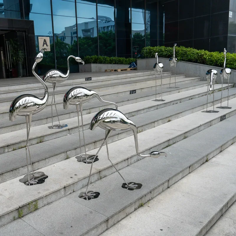 Outdoor villa courtyard stainless steel flamingo crane waterscape sculpture large decorative ornaments