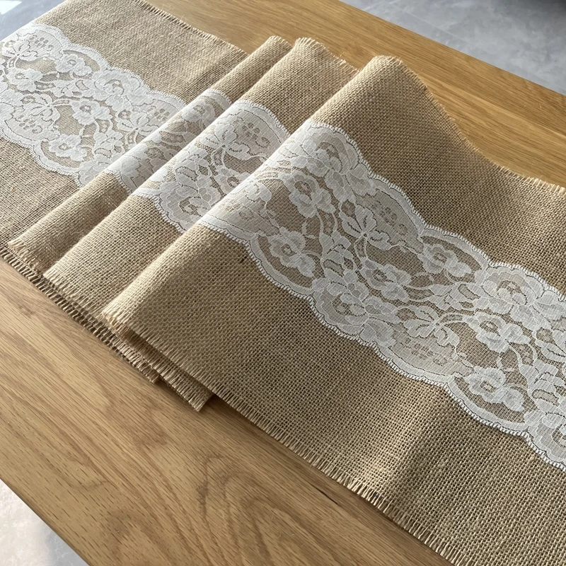 30x290cm Burlap Hessian jute Table Runner with lace vintage Wedding decoration rustic wedding decor centerpieces