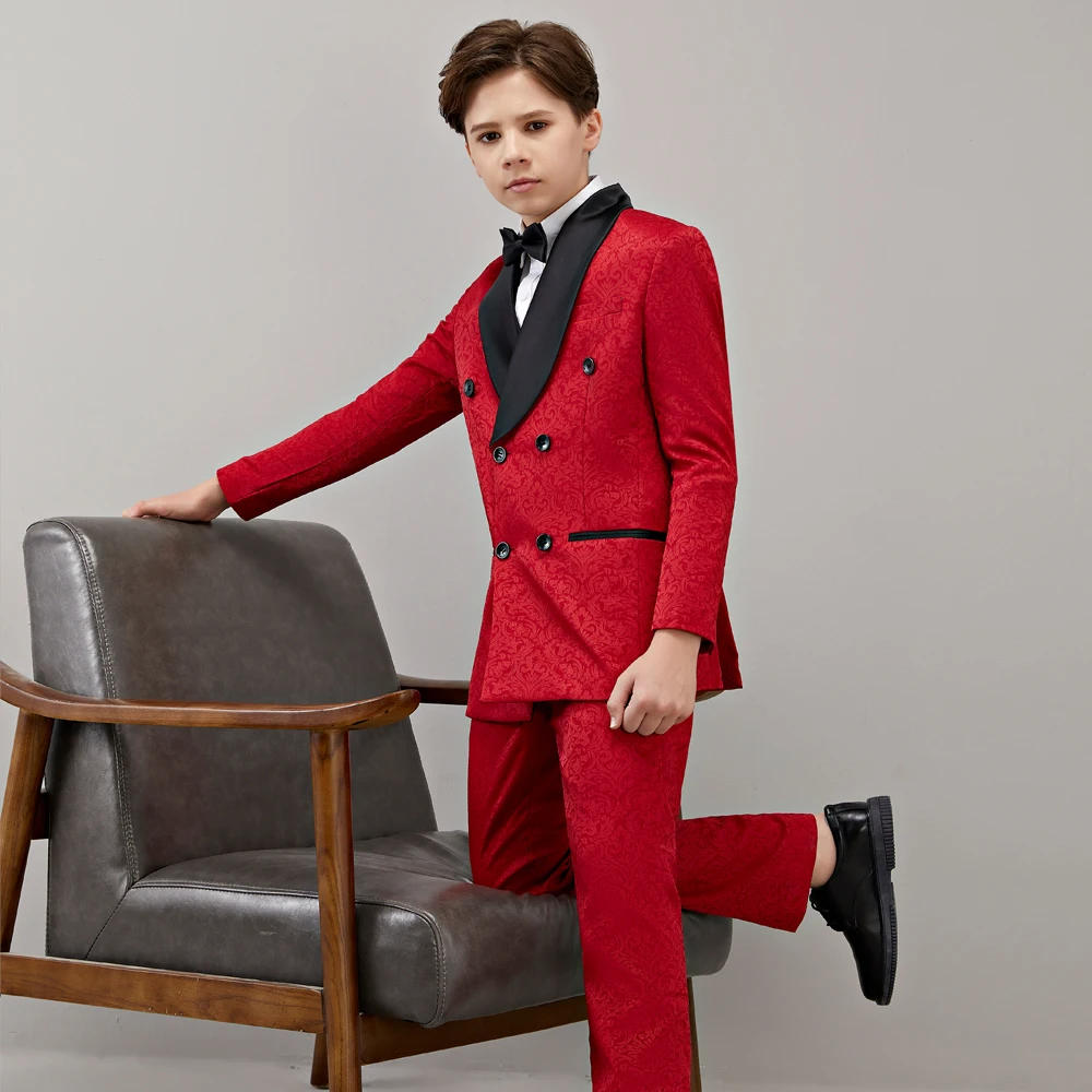 Wine Red Kids Formal Wedding Dress Boys Jacket Pants 2Pcs Photograph Suit Children Birthday Ceremony Tuxedo Costume