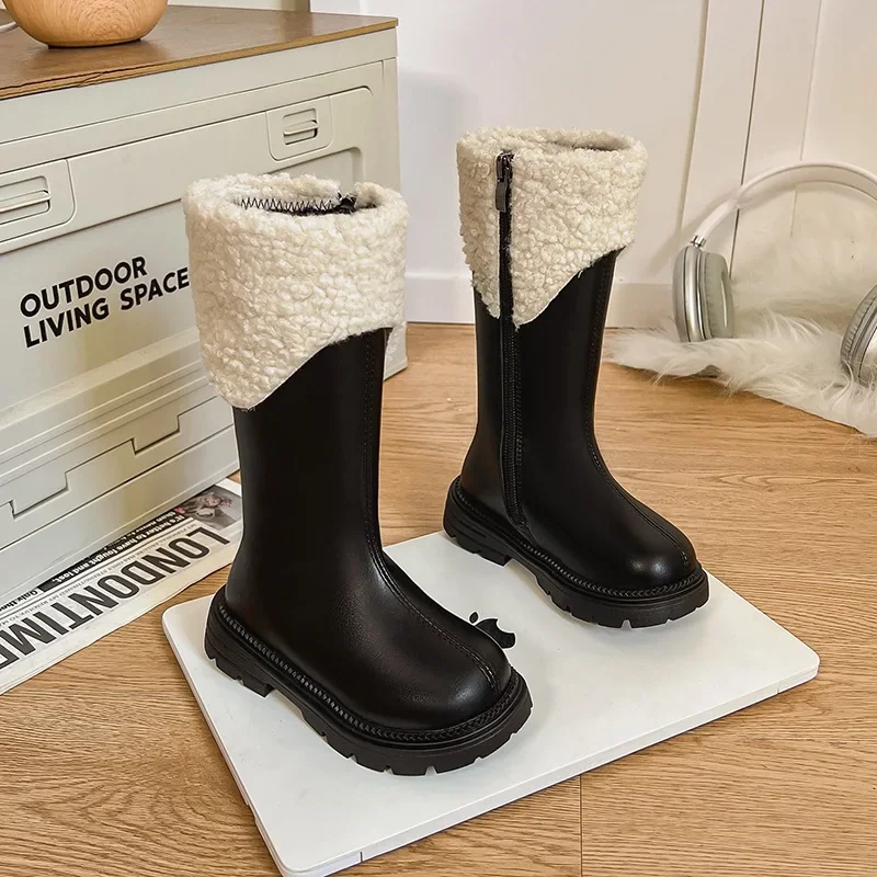 

Детские шерстяные плюшевые сапоги до колена, новинка 2025, черные кожаные высокие сапоги для девочек на флисовой подкладке, осень-зима