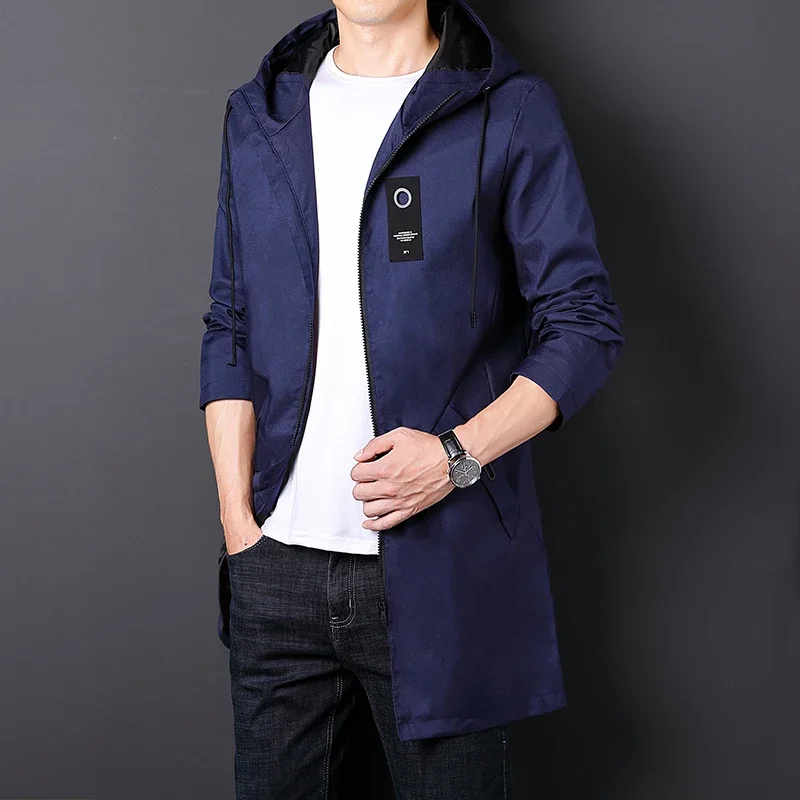 YASUGUOJI-Chaqueta cortavientos informal para hombre, gabardina larga con capucha, prendas de vestir delgadas coreanas de lana, moda 2024