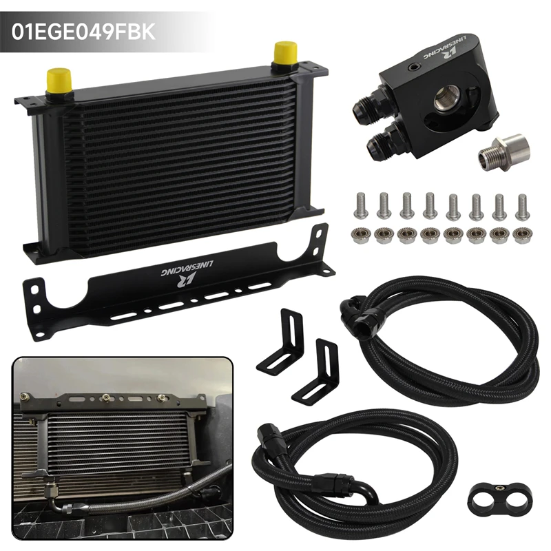 

Oil Cooler Kit Universal AN10 22-28 Row w/ Mounting Bracket Thermostatic 73±0.5° 7/8"-14 UNF And 1/8" NPT Aluminum Black