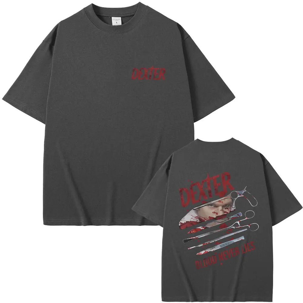 TV Play Dexter Morgan Blood Never Lies Camisetas gráficas Homens Mulheres Roupas Casual Camiseta de algodão masculina Vintage Camiseta de grandes dimensões