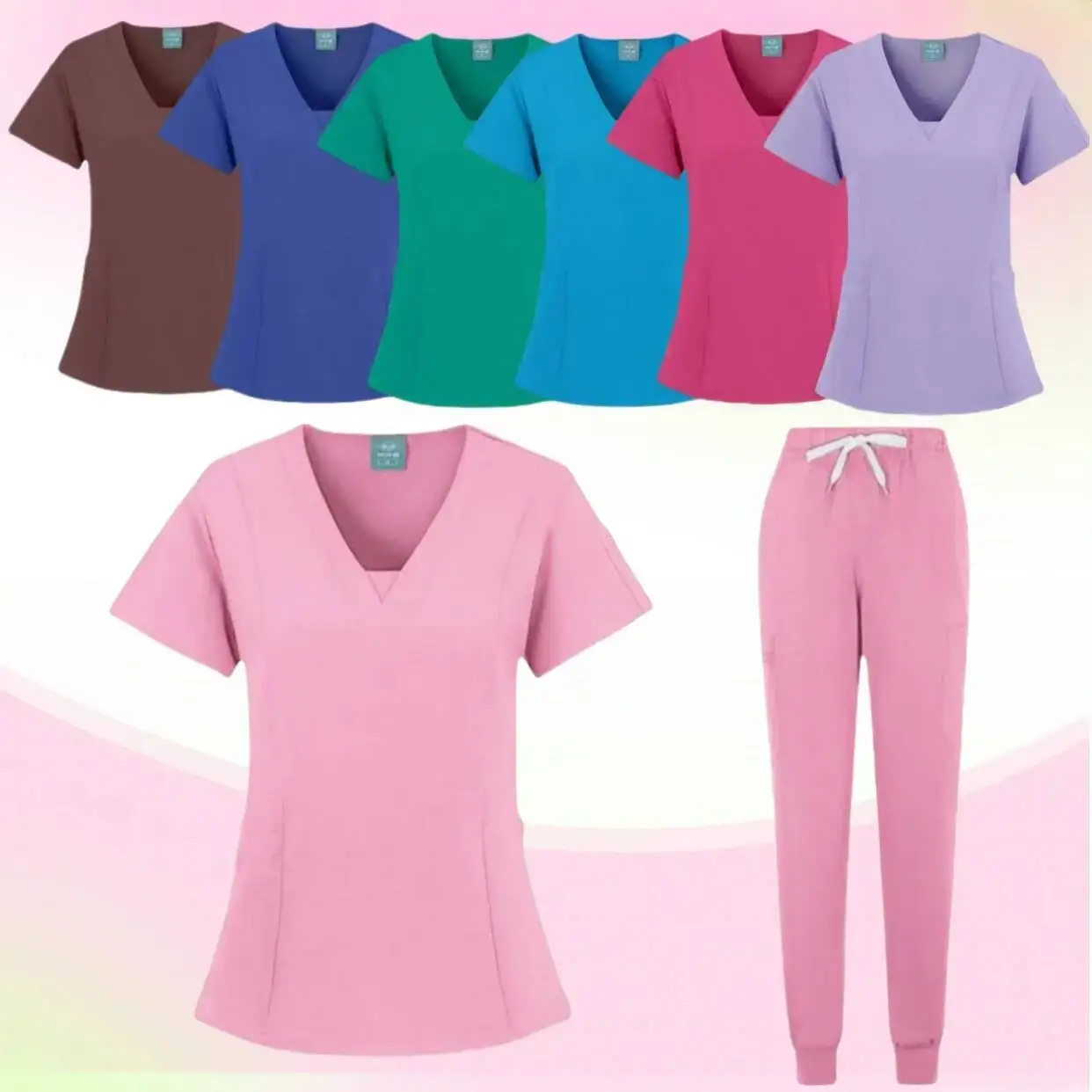

Multicolour Jogger Suits Doctor Nursing Uniforms Short Sleeve V-Neck Tops Pocket Pants Nurse Scrubs Set Medical Clinical Clothes