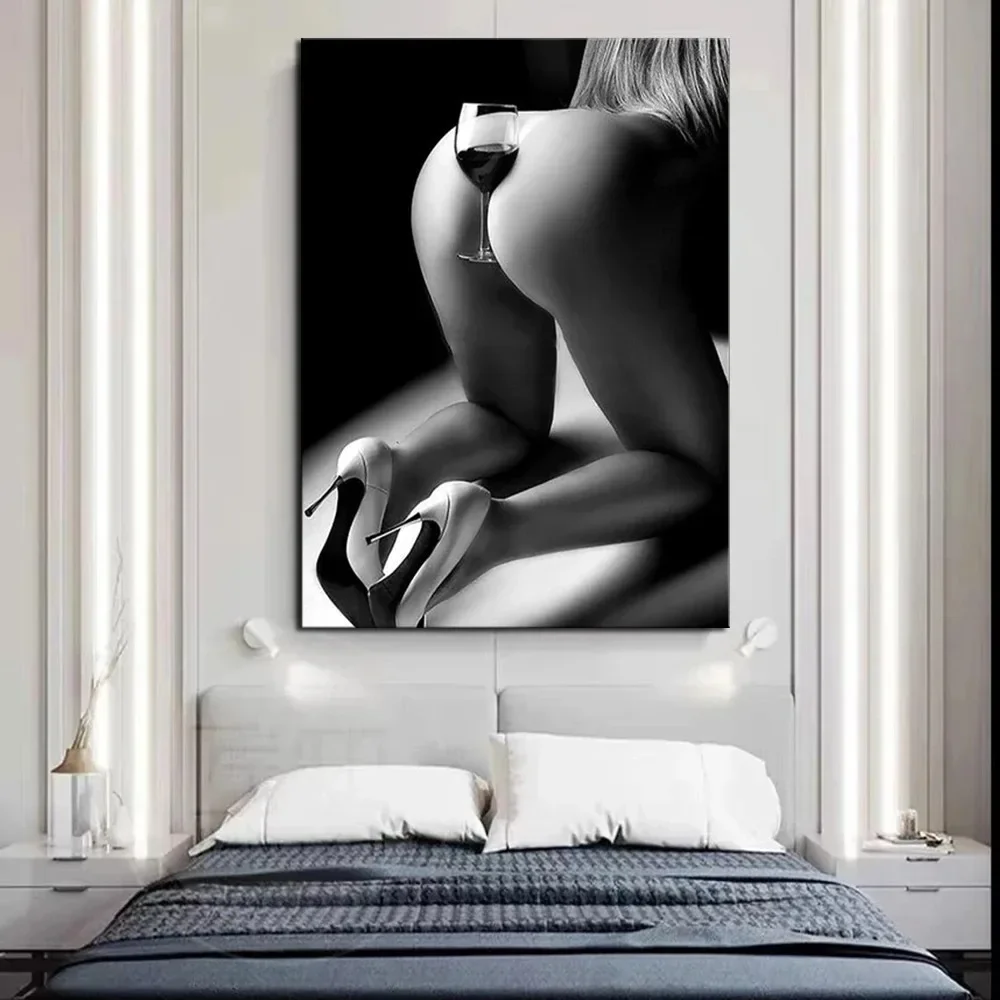 Black and white sexy woman buttocks with red wine glass, wall art, canvas print poster, home, living room, room decoration