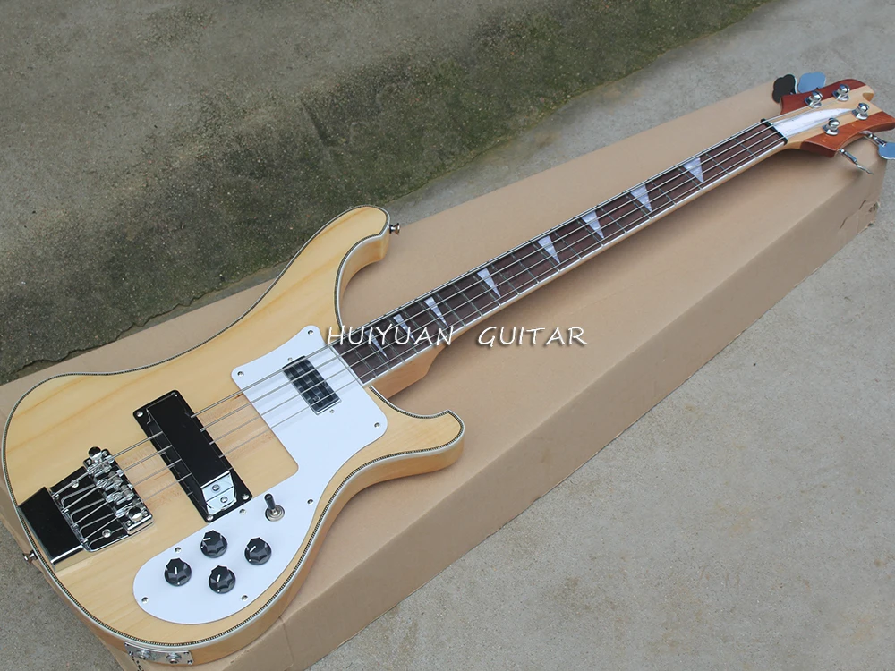 4 Strings Natural Wood Color Electric Neck-thru-body Bass Guitar with White Pickguard,Maple Fretboard with White Binding