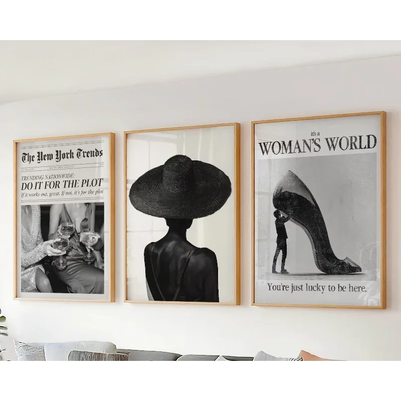 Set of 3 Black Art Prints Modern Wall Art Set Black and White Girly Decor Newspaper Trendy Preppy Style for Apartments or Gift