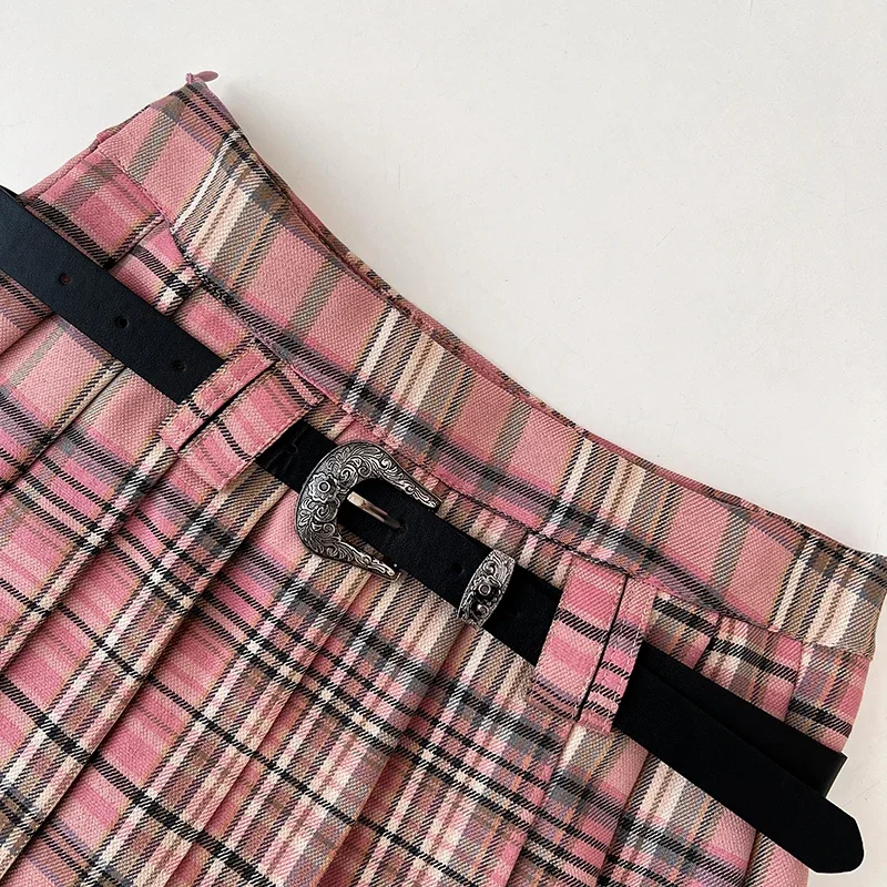 Pink Plaid Tennis Skirt with Belt High Rise Boxy Pleated Mini Skirt Fall Winter Women Teen-girl Y2K Preppy Tenniscore Outfit