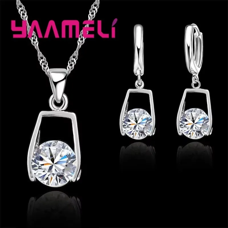 

925 Sterling Silver Crystal Pendants Necklaces Earrings Set For Girls Party Accessory Fashion Women Jewelry Sets Promotion Sale