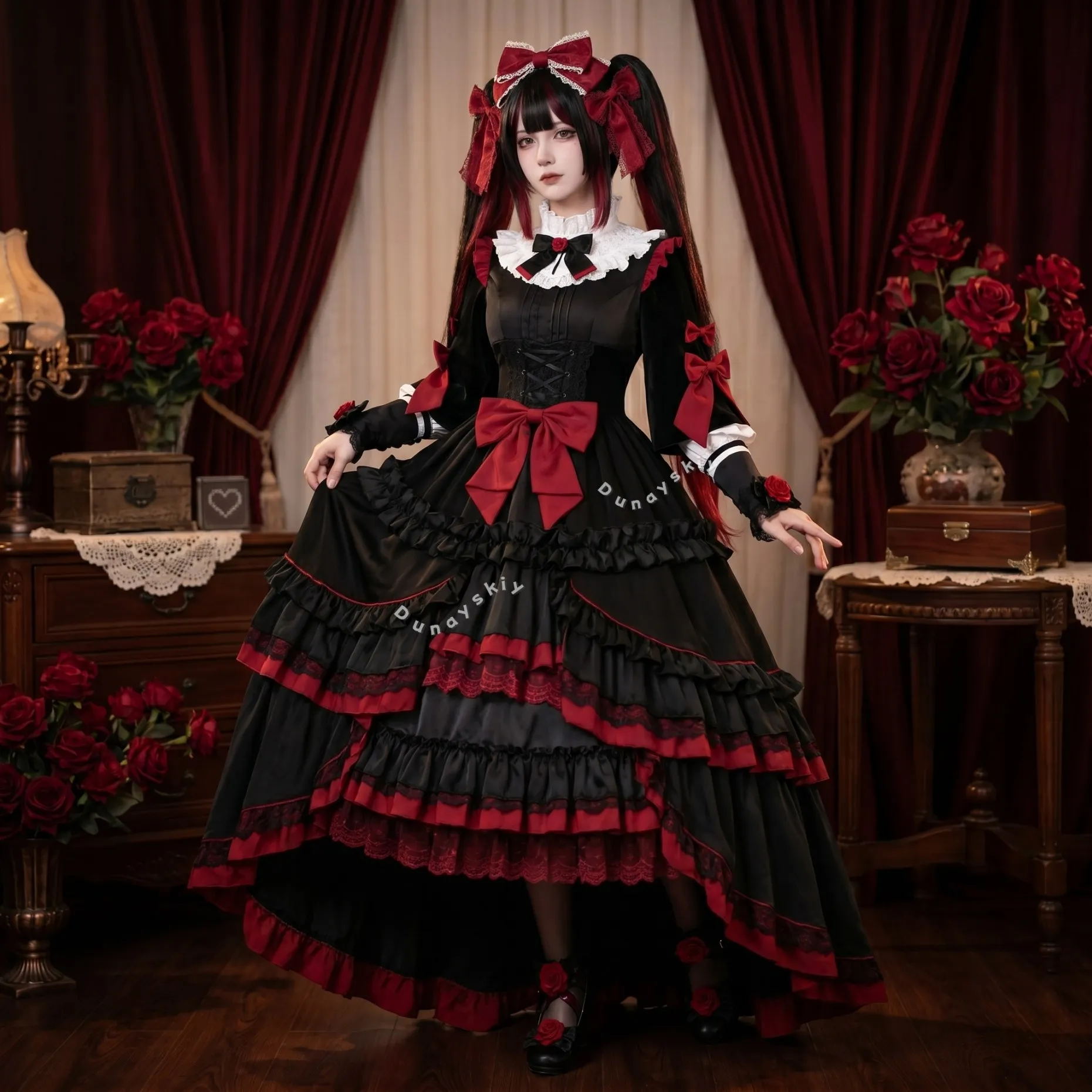 

Anime Gokubara Michica Black Red Bow Long Dress Movie NEEDY OVERDOSE Cosplay Goth Lolita Cool Jirai Kei Styles Halloween 코스프레