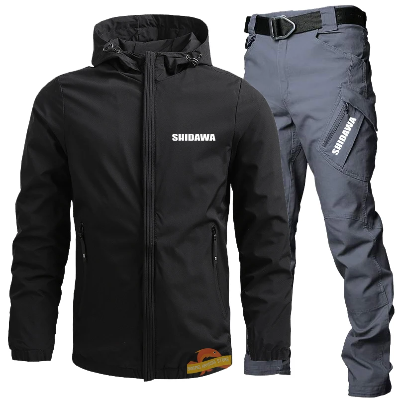 Men's Spring Autumn Thin Fishing Clothing Set Outdoor Windproof Waterproof Hooded Sports Hiking Fishing Jacket Tactical Pants