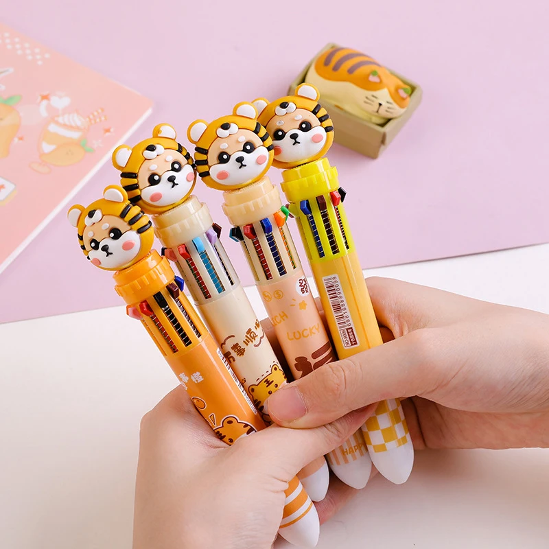 10 Colors Kawaii Tiger Ballpoint Pen 0.5mm Colorful Ink Mechanical Gel Pens Press Pens Korean Stationery School Office Supplies