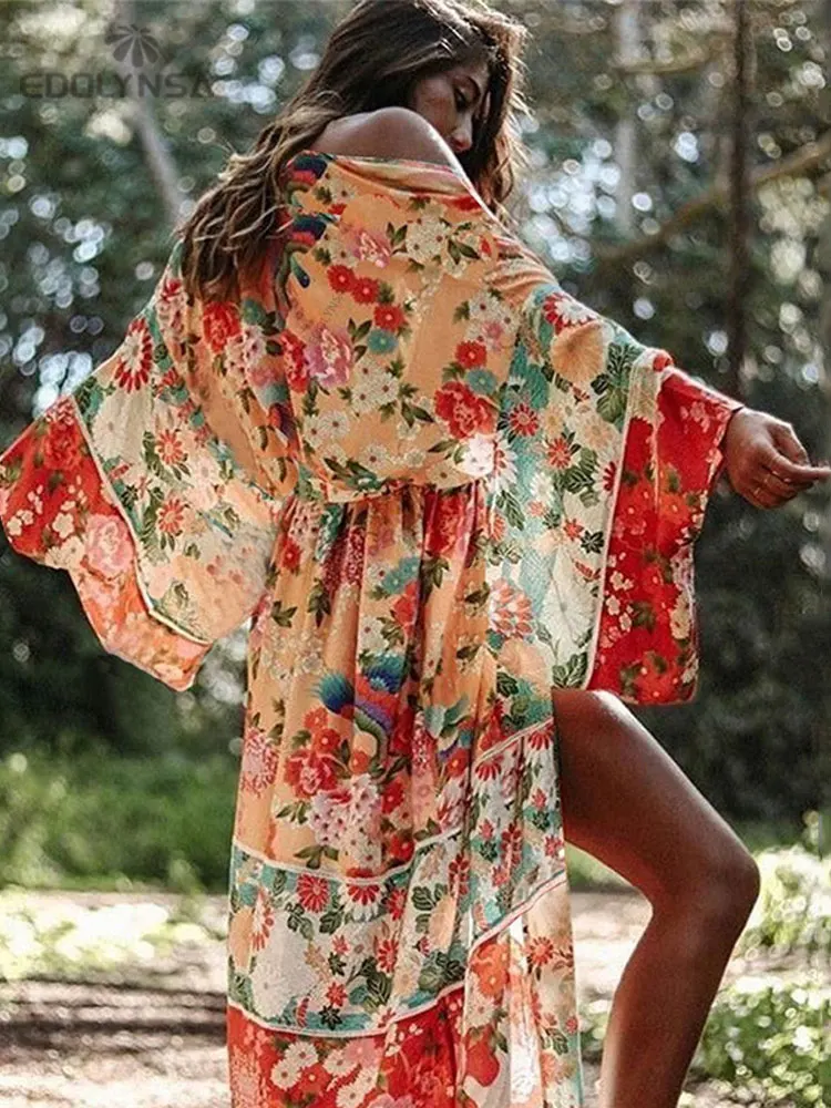 2023 Bohemian Floral Printed Front Open Summer Women Beach Wear Wrap Dress Chiffon Tunic Sexy Sarongs Robe de Plage Pareo Q751