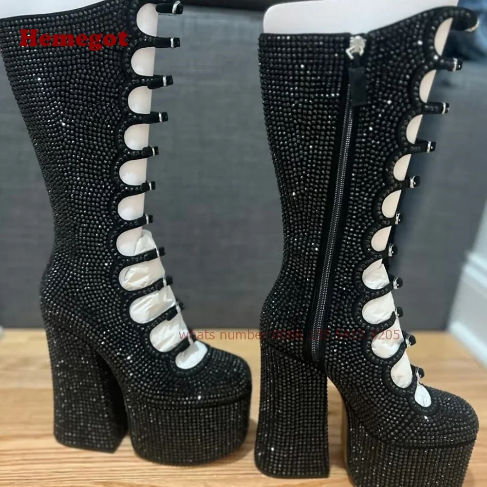 Chunky Heel Rhinestone Multi-Buckle Women's Boots Embellished Suede Platform Knee-High Boots Crystals Bling Luxury Shoes Winter