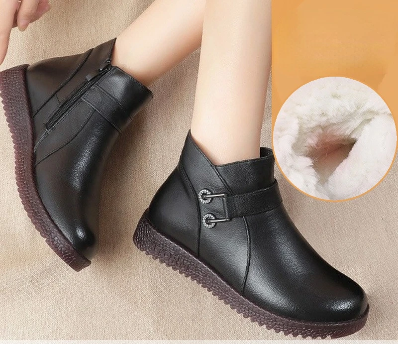 Koznoy Women Genuine Leather Ankle Boots 3cm Natural Comfy Spring Autumn Winter Ankle Flats Plush Warm Moccasins Big Size Shoes