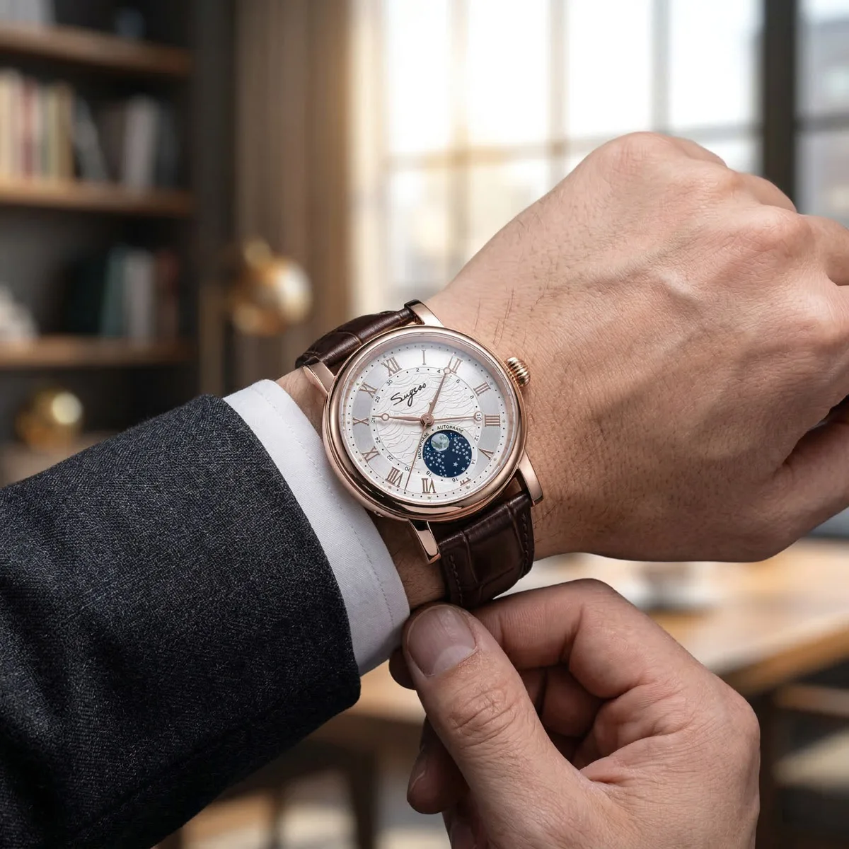 Sugess Uhren für Männer Automatische Mechanische Uhr Mondphase Tianjin ST2108 Wasserdicht Datum Hände Saphir Kristall Rom Welle Zifferblatt – Detail 15