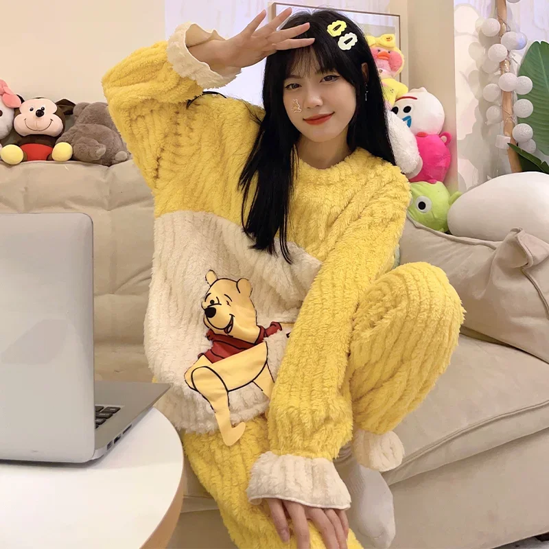 Cartoon Winnie the Pooh pajamas winter new coral fleece fleece thickened flannel cute Disney loungewear women\'s pajamas set