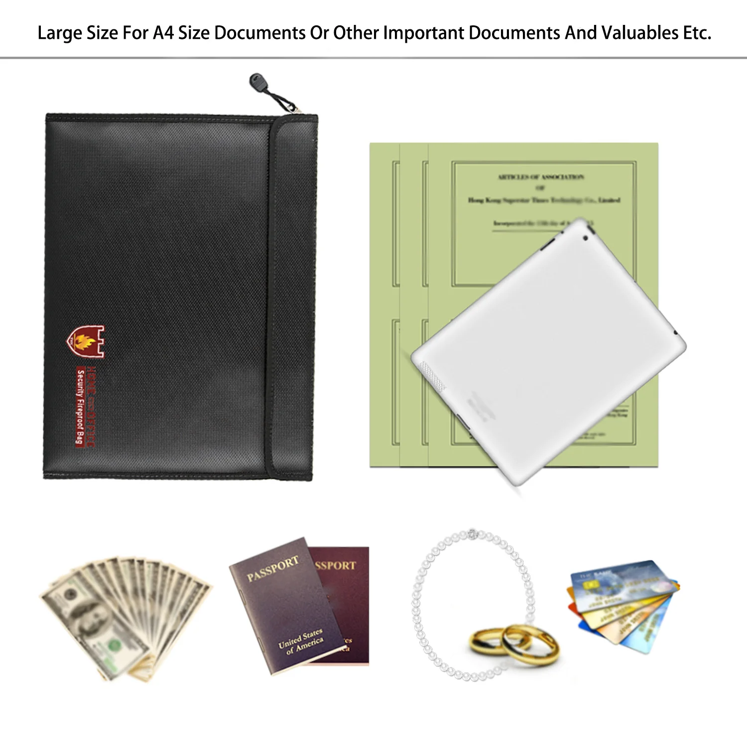 Document Organizer Bag Fireproof Waterproof Zippered File Bag Storage A4 Contract Certificate Suitable For Business Travel