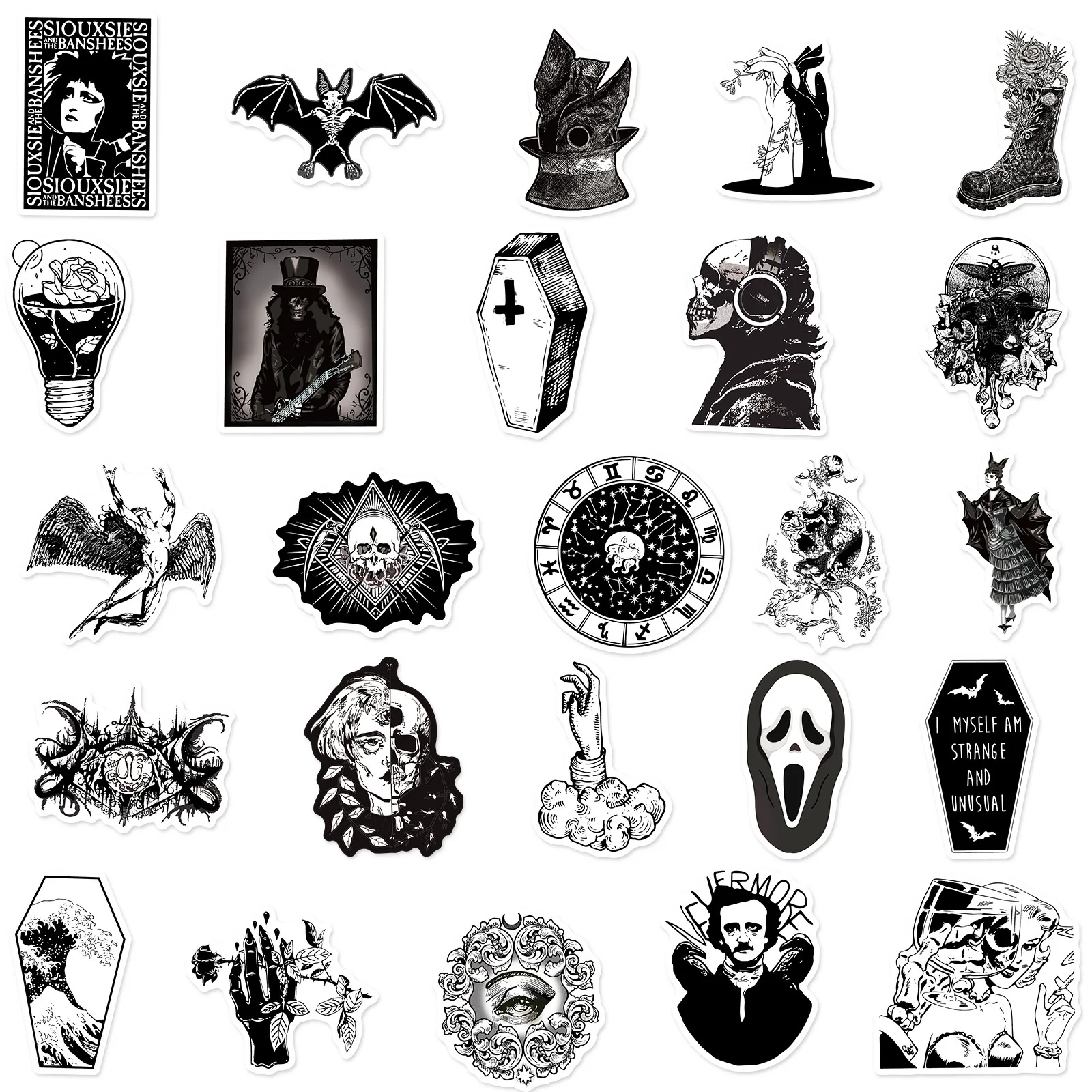 50pcs Cheap Welfare Black and White Gothic Series Graffiti Stickers Suitable for Desktop Wall Decoration DIY Sticker Pack