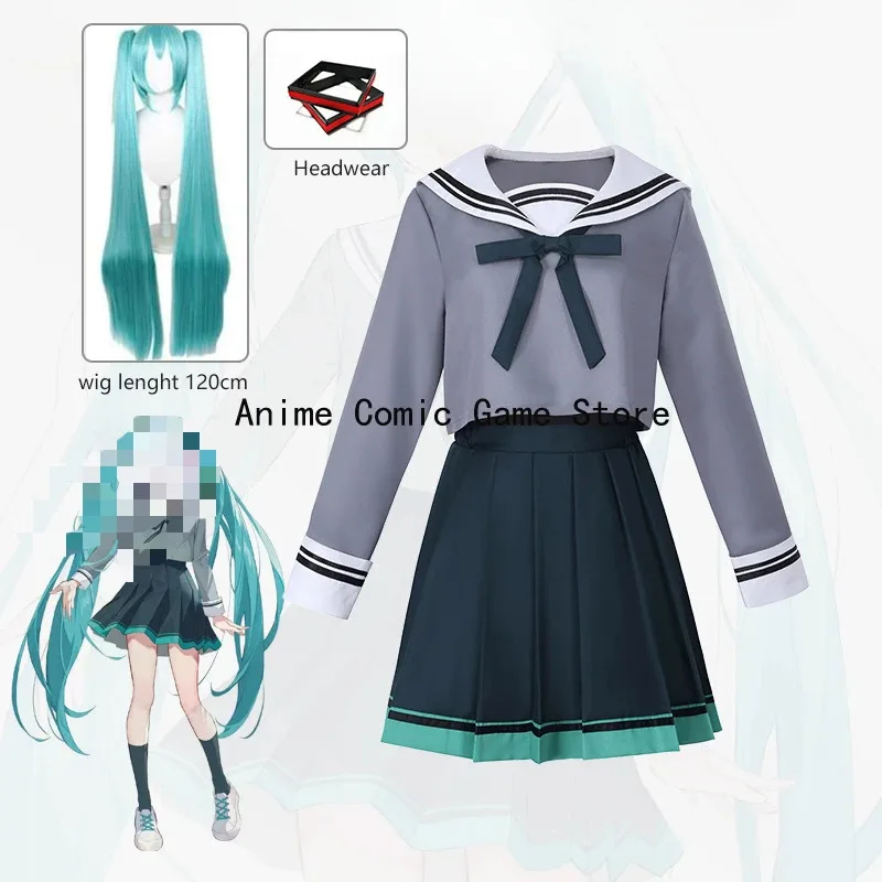 

IN STOCK S-2XL Miku Cosplay JK Dress Anime Hatsunnee Mikuu Cosplay Green Wig Headwear Hallween Party Outfits for Women