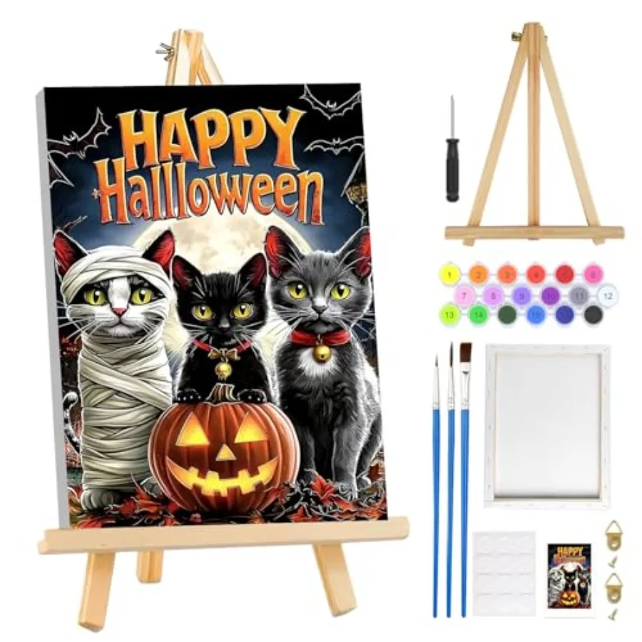 Paint by Numbers Kit for Adults Beginners with Frame, Adult Paint by Number Kits on Canvas with Easel, Easy DIY Pumpkin Oil Pai