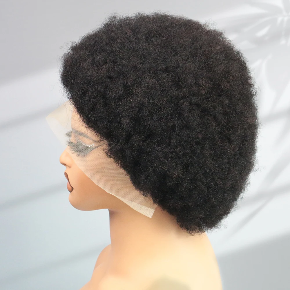 Perruque Bob Lace Front Wig brésilienne Remy naturelle, cheveux crépus bouclés, afro, 13 age, densité 200, naissance de cheveux naturelle