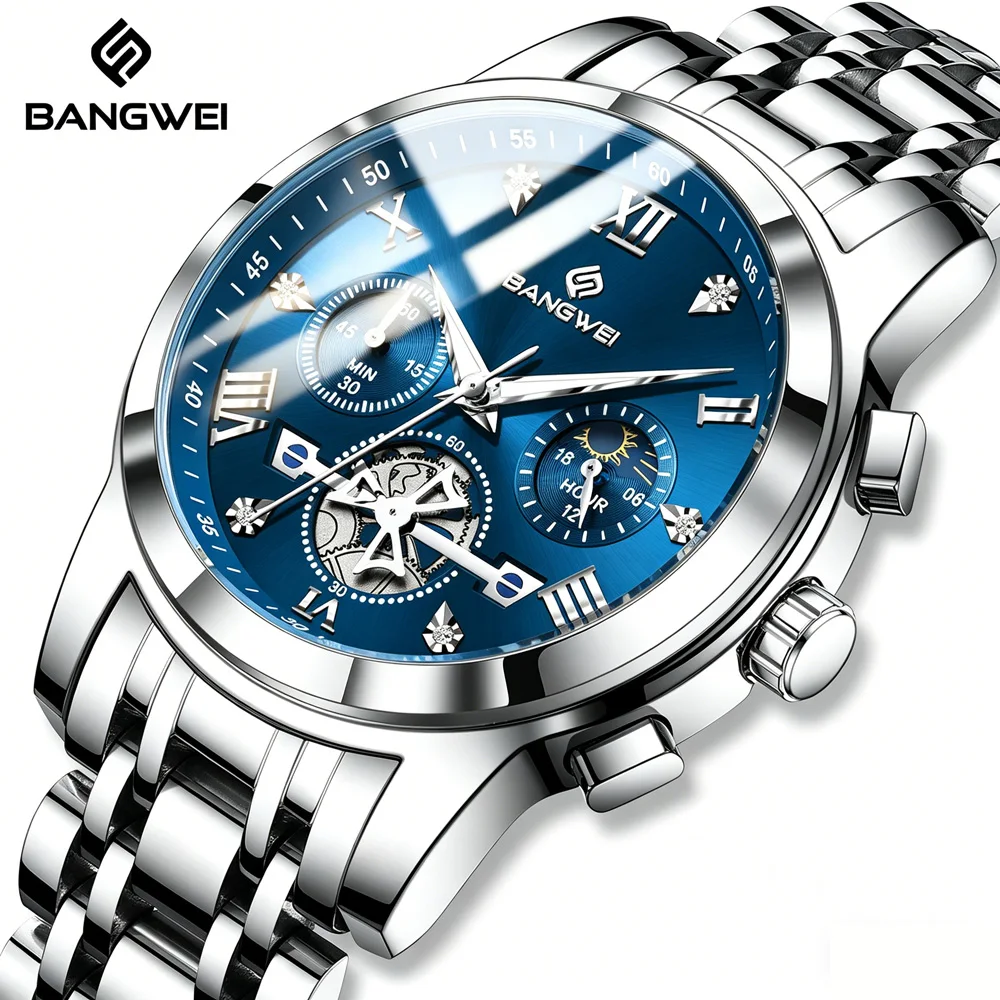 

BANGWEI Fashion Casual Quartz Men Watch Stainless Steel Strap Luxury Dial Luminous 30M Waterproof Business Men Wristwatch