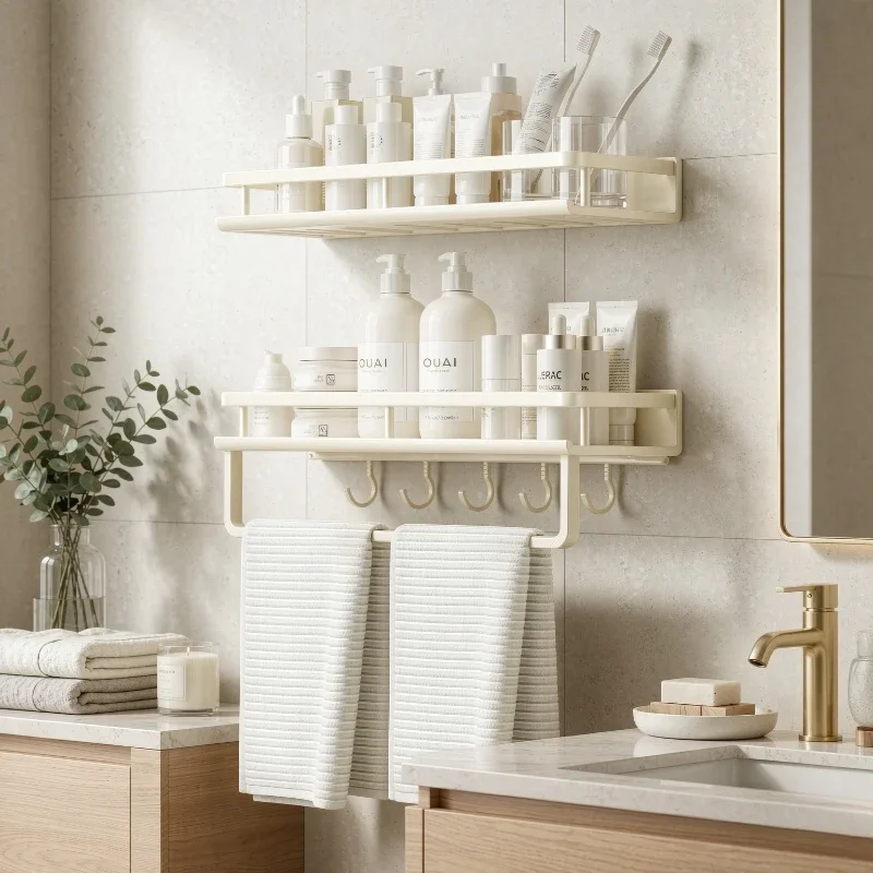 Cream White Bathroom Shelf No Drill Wall Mounted Storage Organizer Strong Load Support for Shower Vanity Toilet 욕실 벽걸이 선반