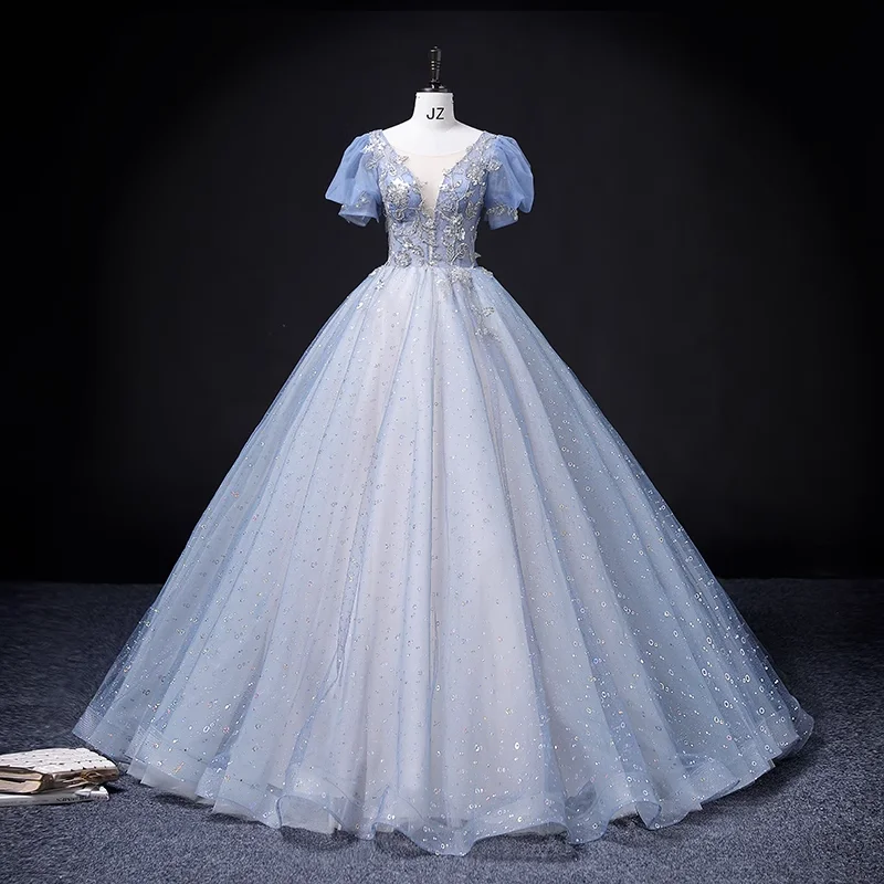 

Light Blue Quinceanera Dresses Ball Gown 2024 New Fashion V-neck Bling Shining Vintage Puff Sleeves Princess Prom Dress Women