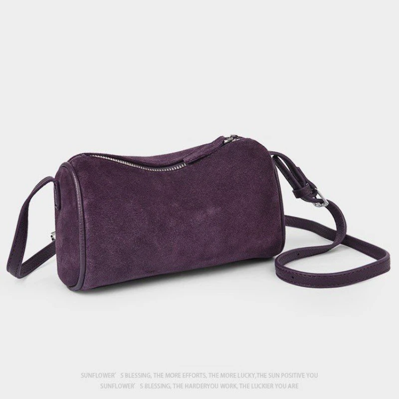 2026 New Arrival Retro Suede small Shoulder Bag cowhide cylindrical Top Handle Handbags for Daily Use Female Crossbody Bag Khaki