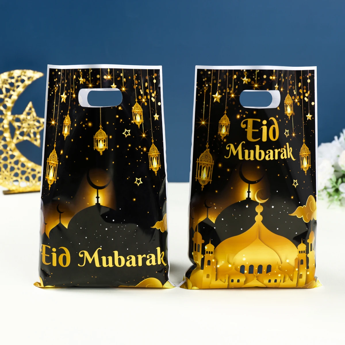 10pcs Eid Mubarak Gift Bags Plastic Candy Cookie Bag Ramadan Kareem Decoration 2024 Islamic Muslim Party Supplies Eid Gift Bags